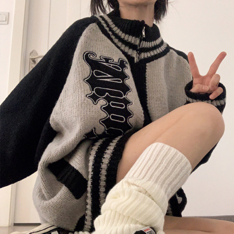 American Retro Cardigan Knitted Coat Women's Zip Sweater