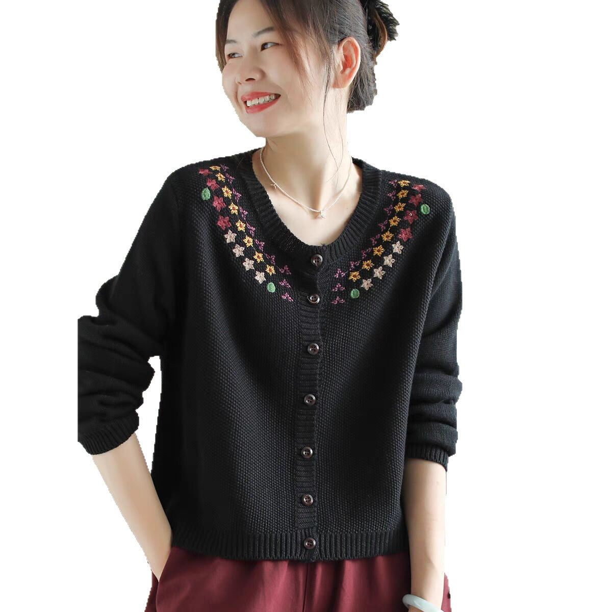 Womens Retro Embroidered Knitted Cardigan