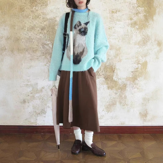 Contrast Color Pullover Cute Cat Brocade Sweater Female