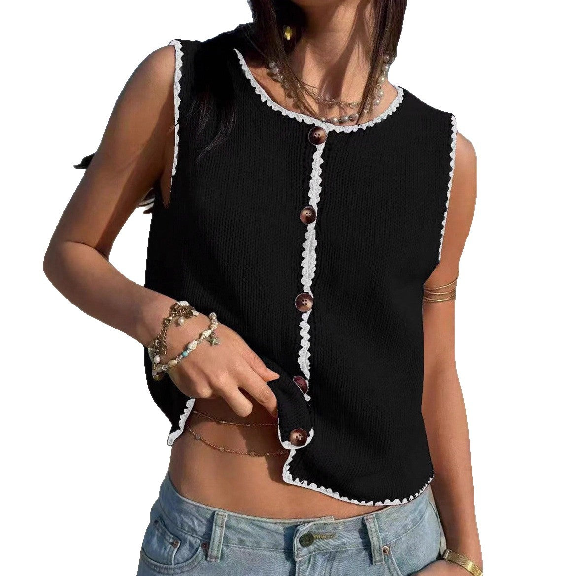 Contrast-color Trimmed Sleeveless Y2K Edgy Sweater