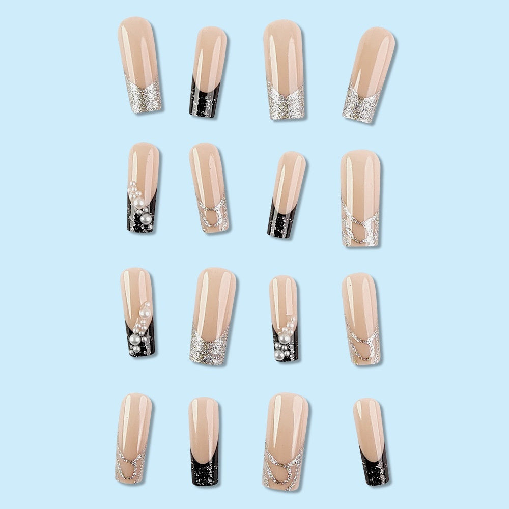 Super Long Pearl Glitter Black Silver French Manicure