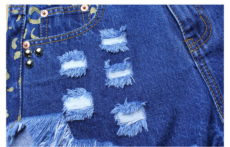 Hot Sale Ripped Loose High Waist Rivet Denim Shorts Printed Pants