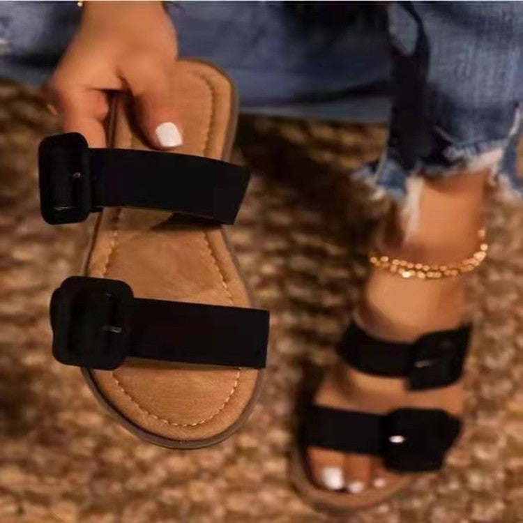 Women's Shoes Large Size Big Buckle Solid Color Soft-soled Comfortable Slip-on