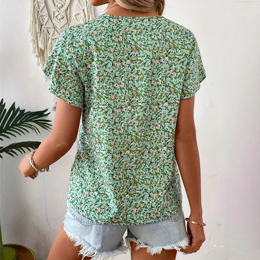 Women's Casual Floral Printed V-neck Ruffle Sleeve Shirt