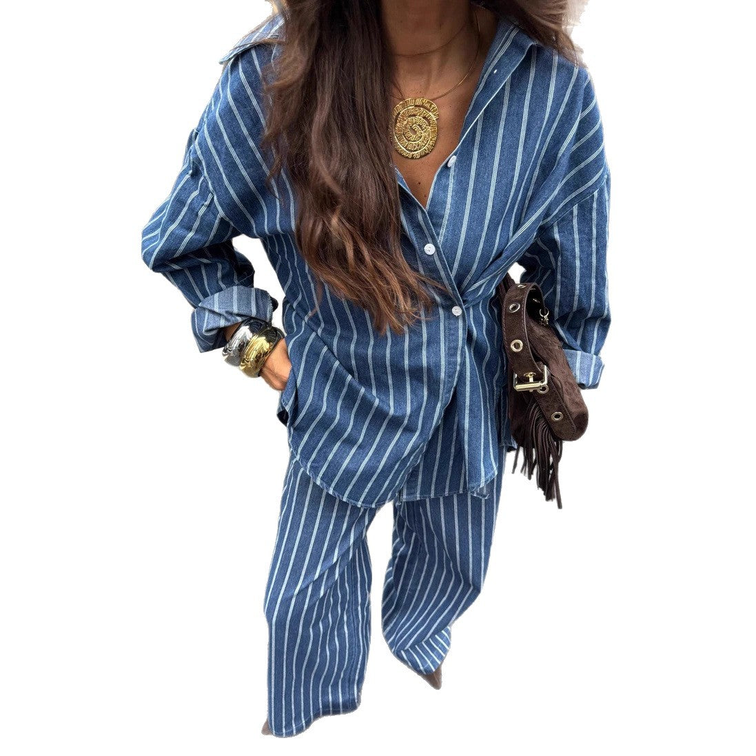 Casual, Relaxed-fit Striped Long-sleeve Shirt And Pants Set With A Turn-down Collar