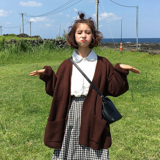 Single Breasted V-Neck Pocket Loose College Jacket