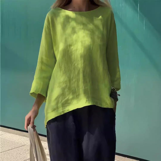 Women's Loose Linen Cotton Round Neck Long Sleeve Shirt