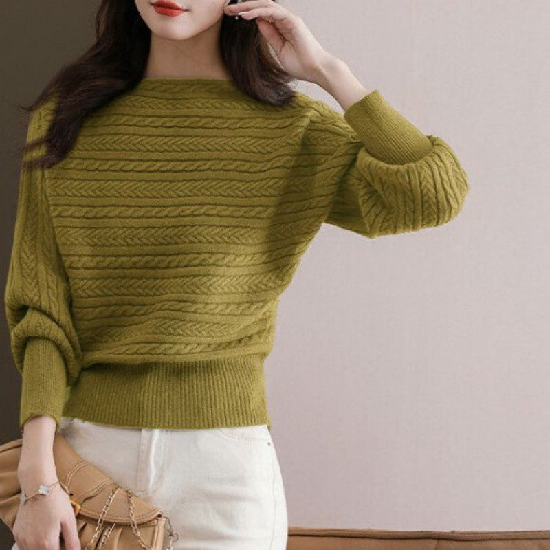 Autumn And Winter Boat Collar Loose-fitting Batwing Sleeve Shirt Knitted Top