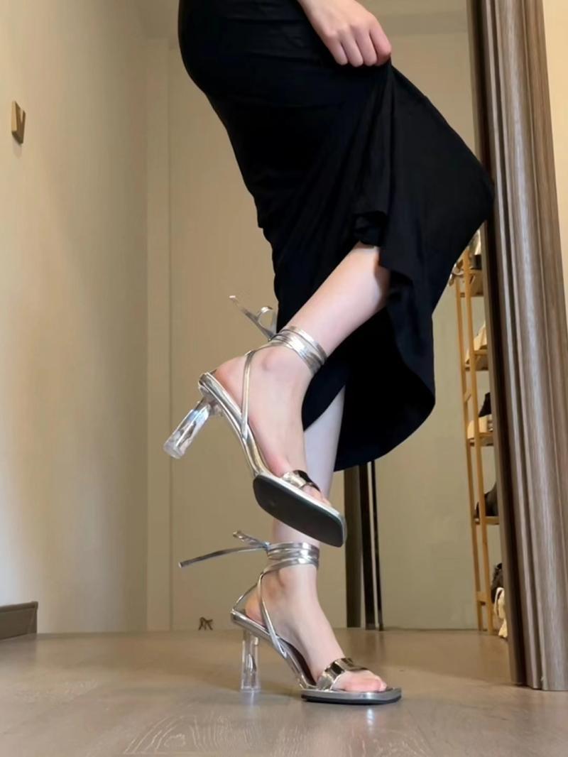Niche Design Sølv Højhælede Transparente Stilethæle Romerske Rem Elegant Sandaler