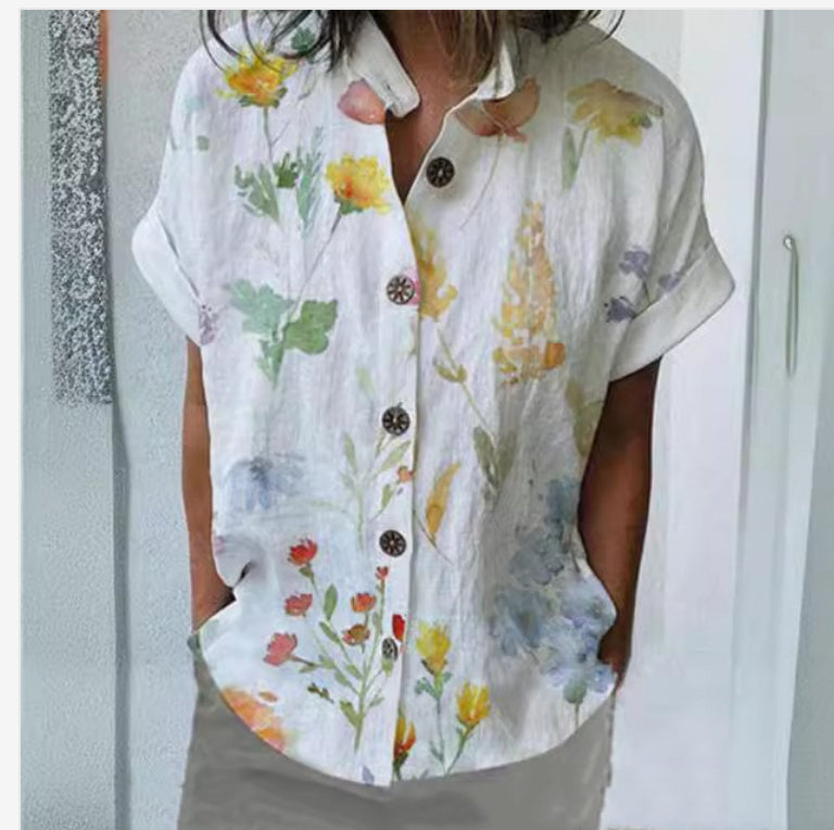 Casual Shirt Collar Loose Short Sleeve With Printing