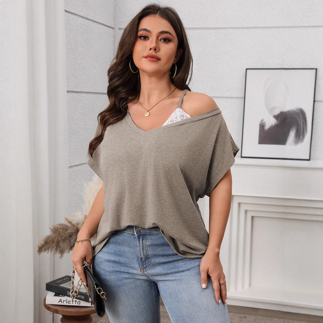 Casual Solid Color Pullover Slant Shoulder Batwing Sleeve Top