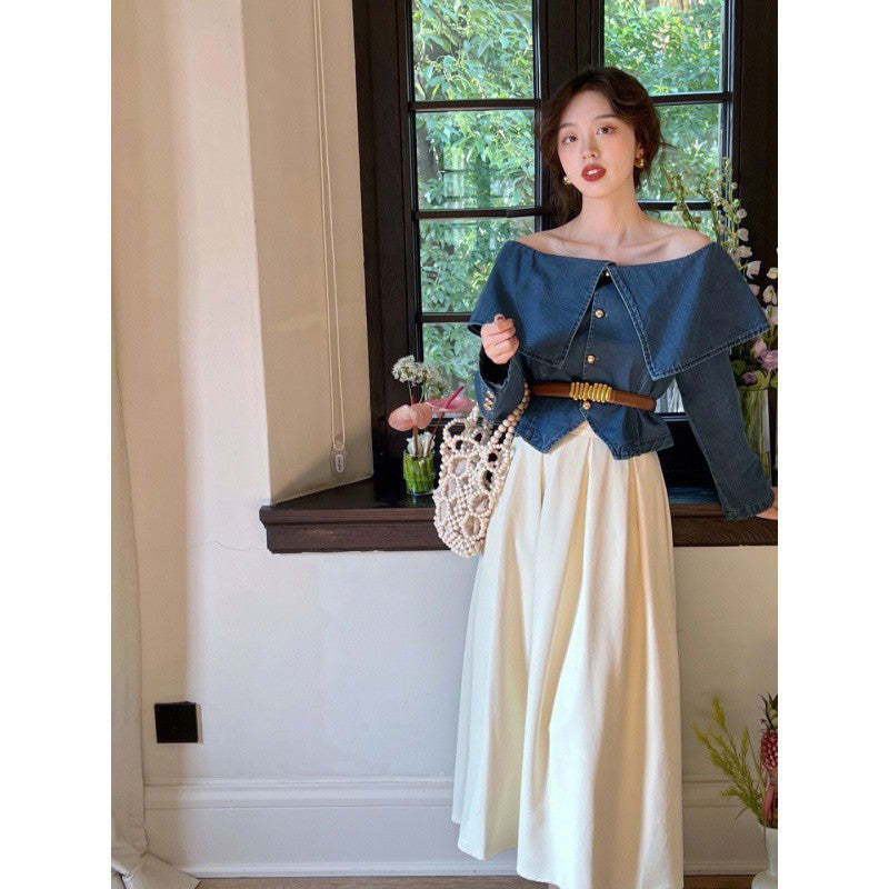 Lapel Long Sleeve Denim Waist-controlled Top Mid-length Skirt