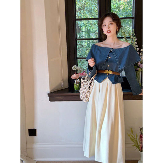 Lapel Long Sleeve Denim Waist-controlled Top Mid-length Skirt