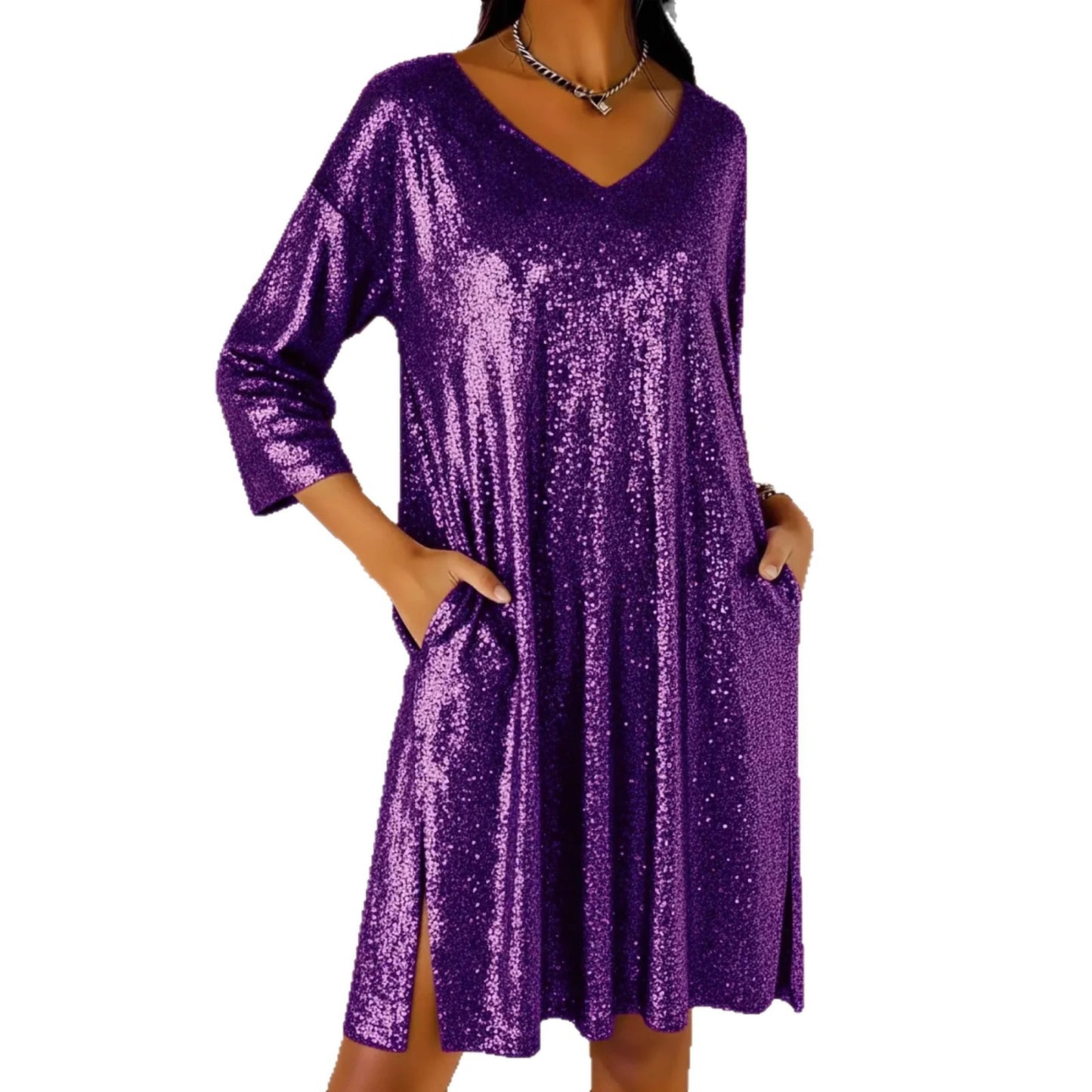 Seaside Vacation Gold-Embossed V-Neck Cropped-Sleeve Split Dress