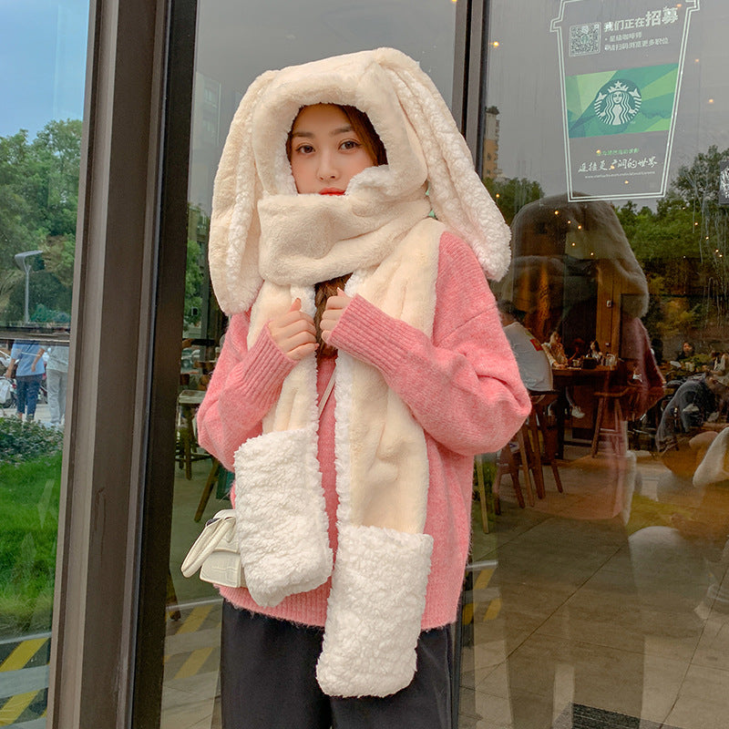 Women's Fashion Cute Rabbit Ears Plush Hat Scarf Gloves One Three Pieces Set