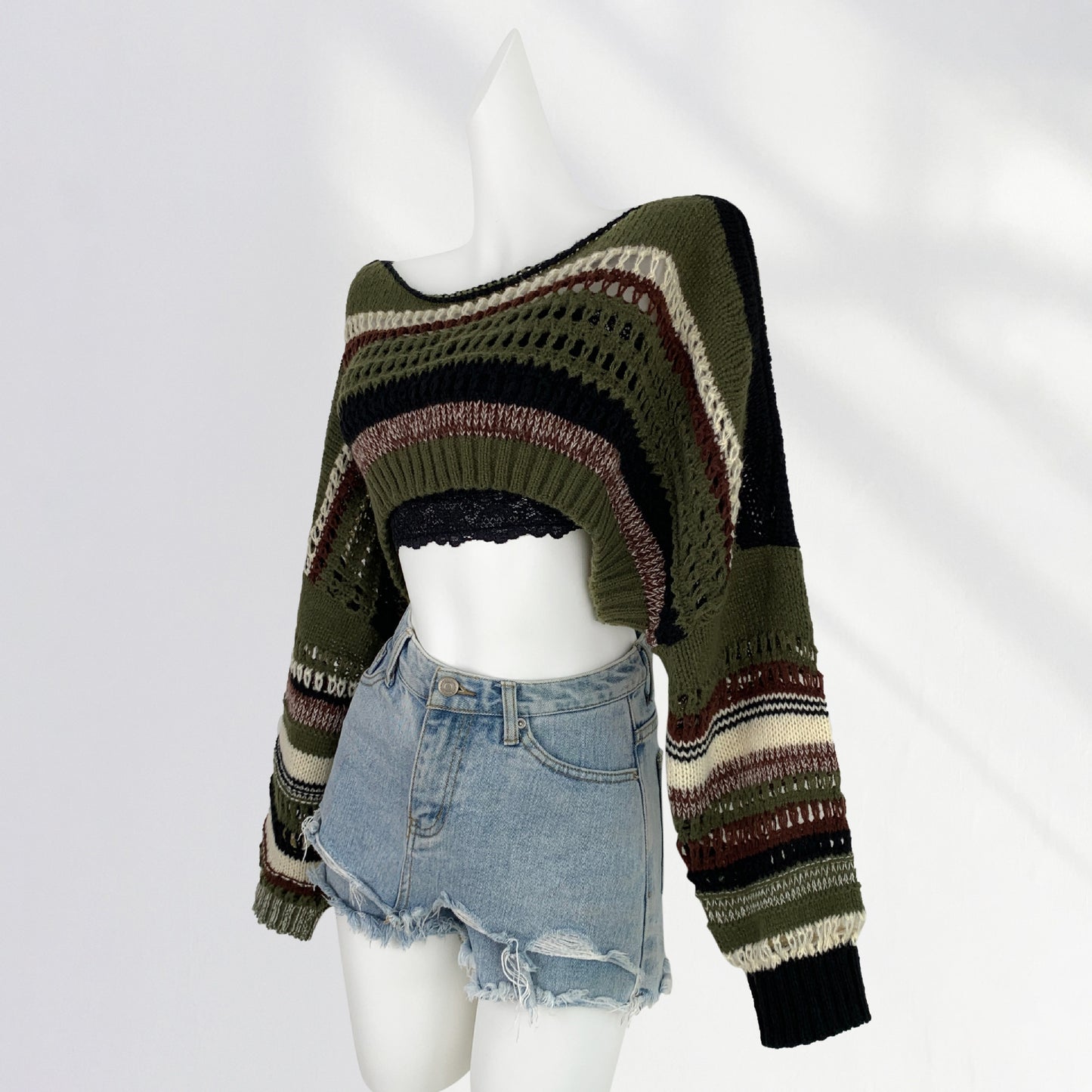 Retro American Hot Girl Lazy Sweater Women's Crocheted Striped Stitching Loose Short
