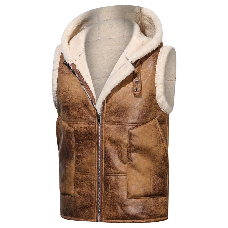 Fur One-piece Coat Men's Solid Color Zipper Vest