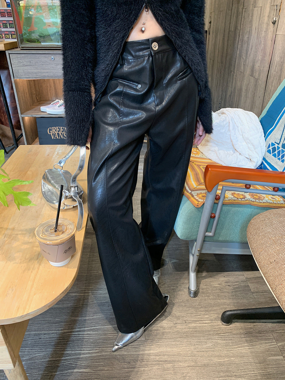 Women's Autumn And Winter PU Texture Casual Pants