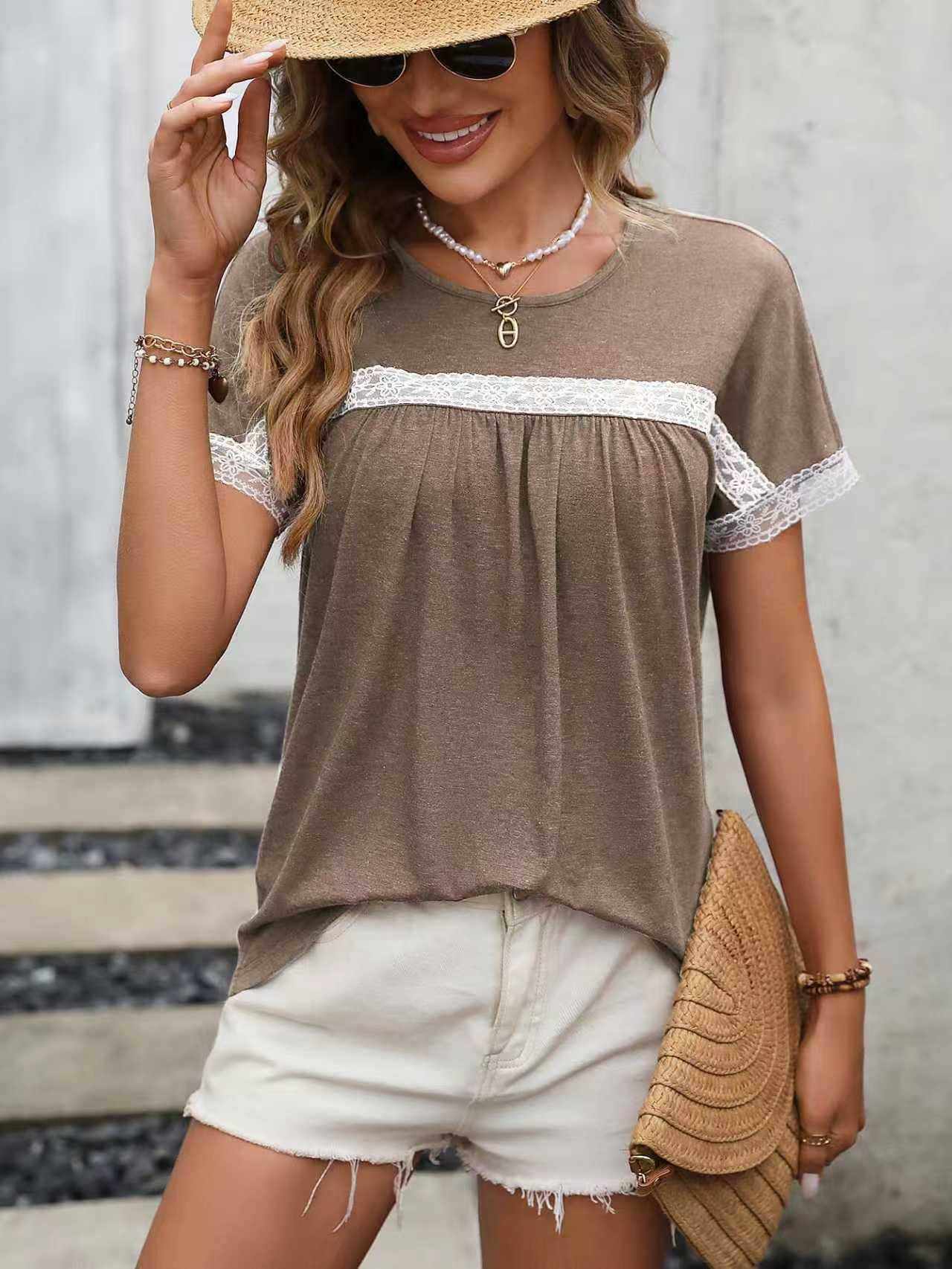 Crew-neck Lace-panel Short Sleeves