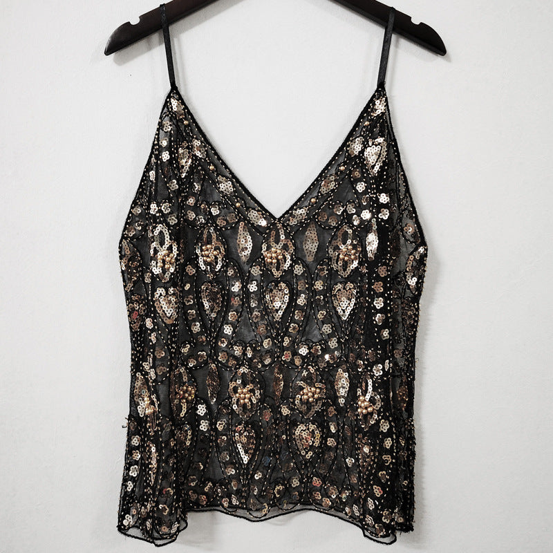 Summer Sequins Beaded Sling Basic Sexy Slimming Short V-neck Vest