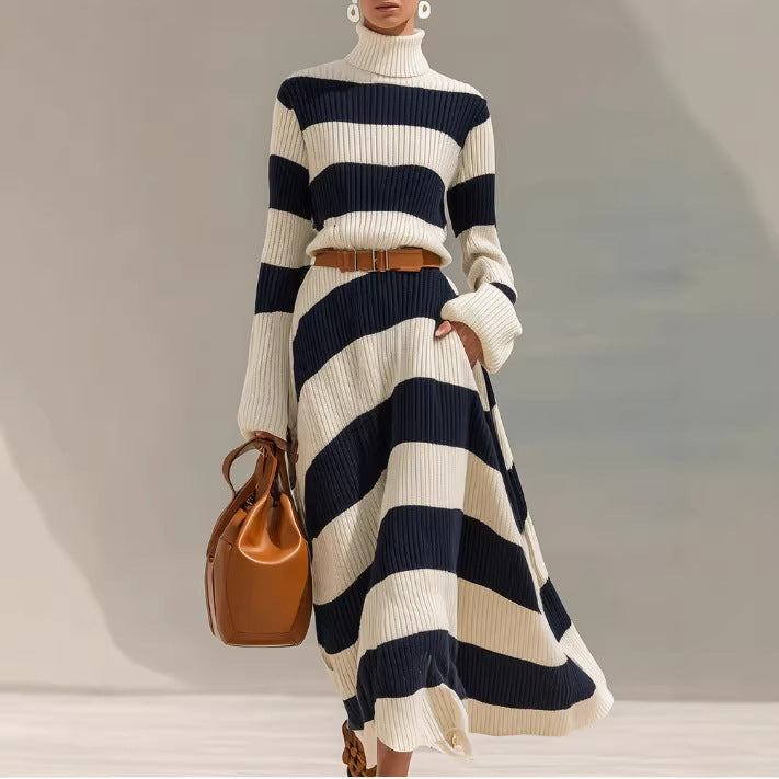 Navy And White Contrast-striped Long-sleeve Dress