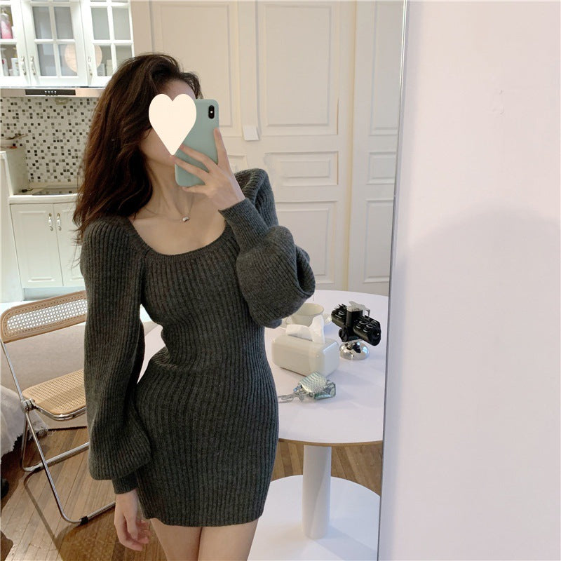 Womens Solid-Color Fashion Square-Neck Sweater Dress