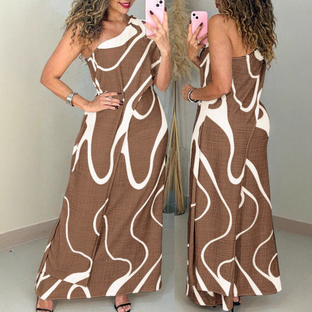 Vacation One-shoulder Sleeveless Printed Dress
