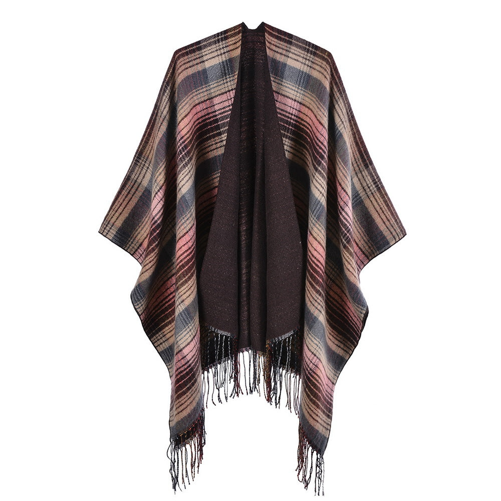 Classic Colorful Plaid Shawl Cape Faux Cashmere Tassel Thickening