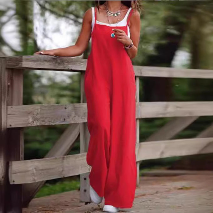 Fashion Casual Women's Pocket Cotton Linen Sleeveless Jumpsuit