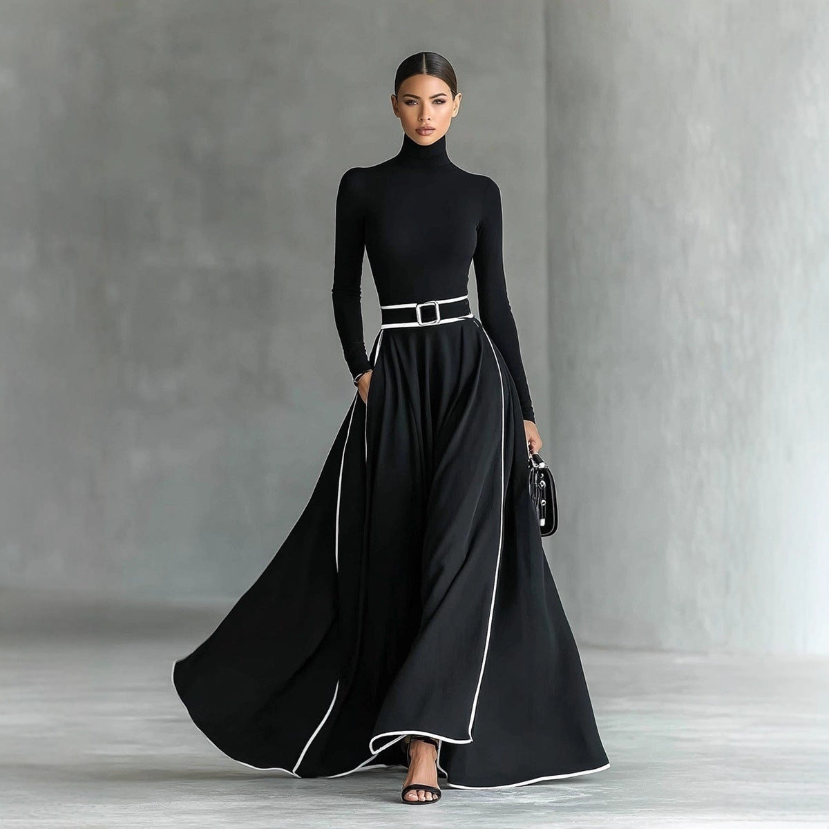 Womens High-neck Long-sleeve Form-fitting Dress With A Waist Belt
