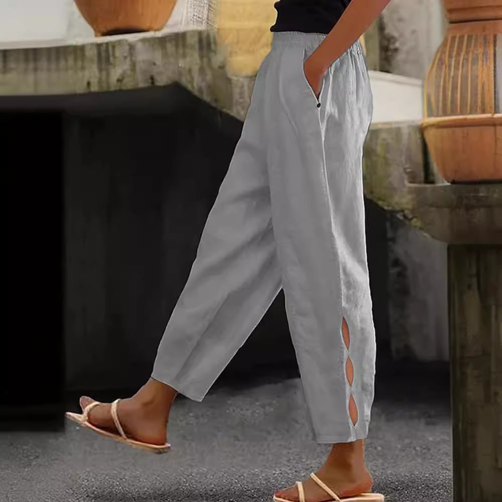 Hollow-Out Ankle Detail Trousers - Button-Adorned Bottom Hem Pants For Women Summer Daily Wear