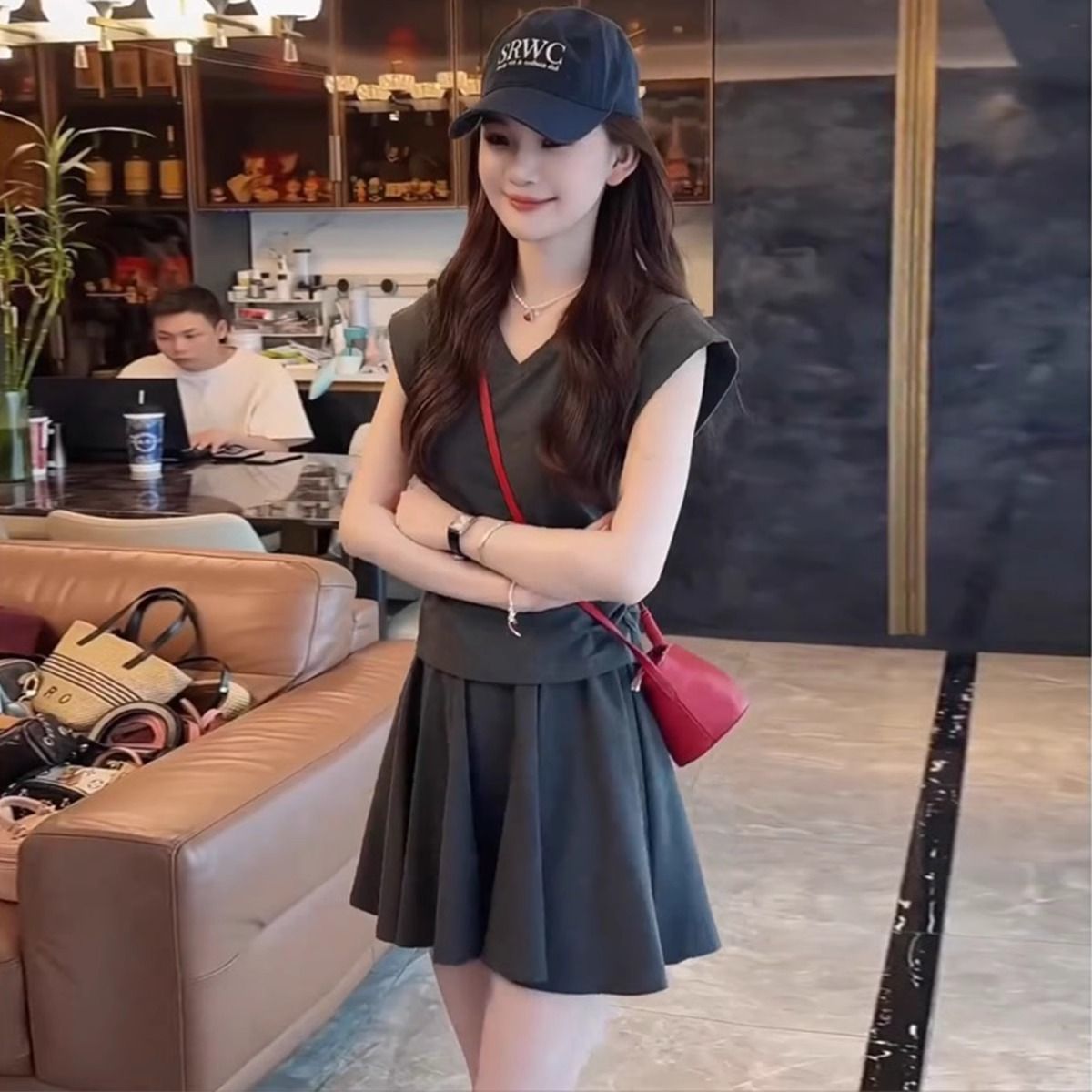 Solid-color Casual Waist-cinching Vest And Skirt Two-piece Set