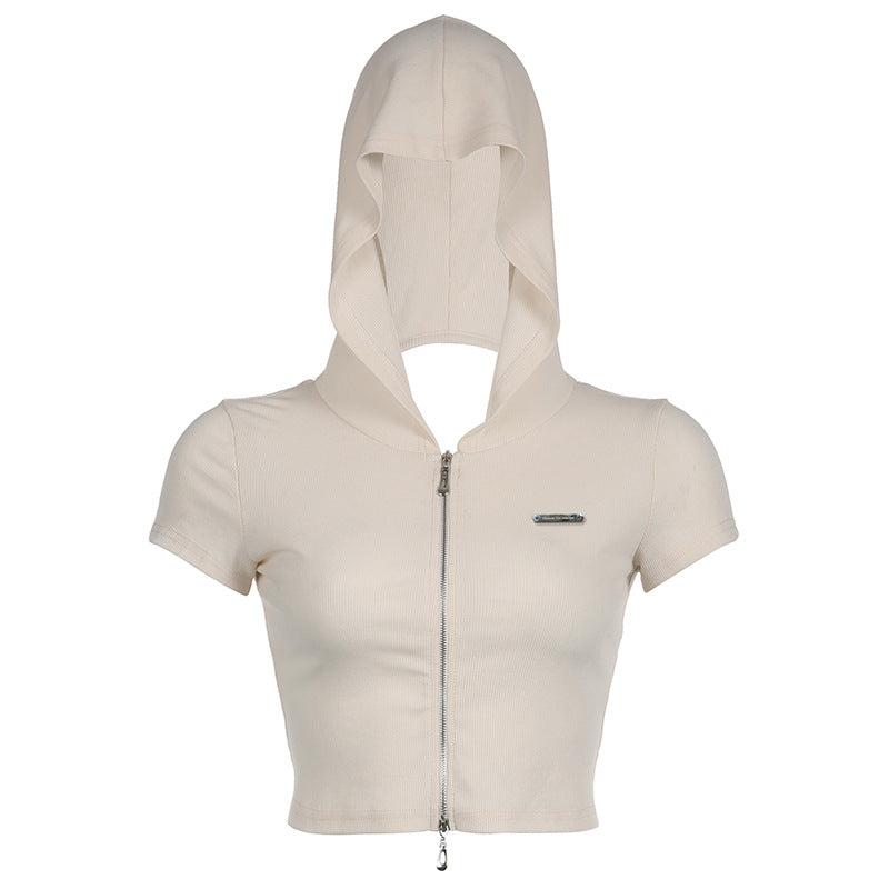 Design Sense Spicy Girl Style Backless Hollow Metal Buckle Webbing Stitching Hooded Sweatshirt Double Zipper Slimming Hundred With Tops