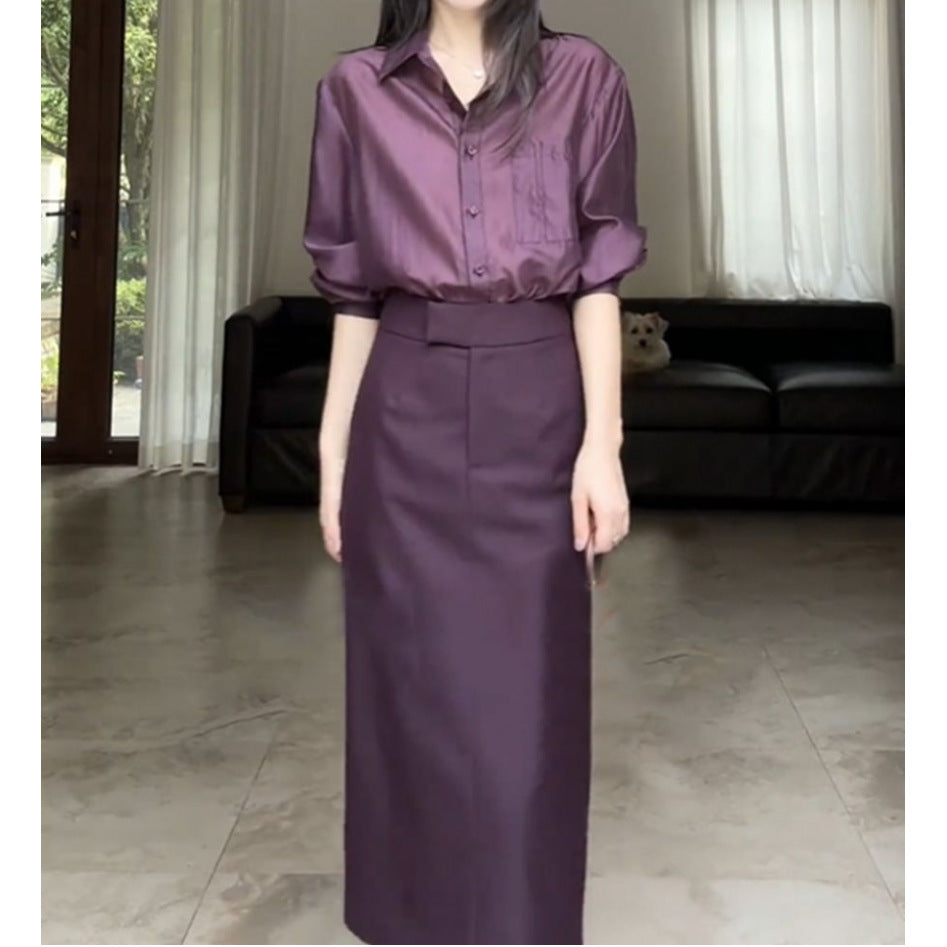 Fashionable Set Womens Blouse Top And Slimming High-Waist Slit Skirt