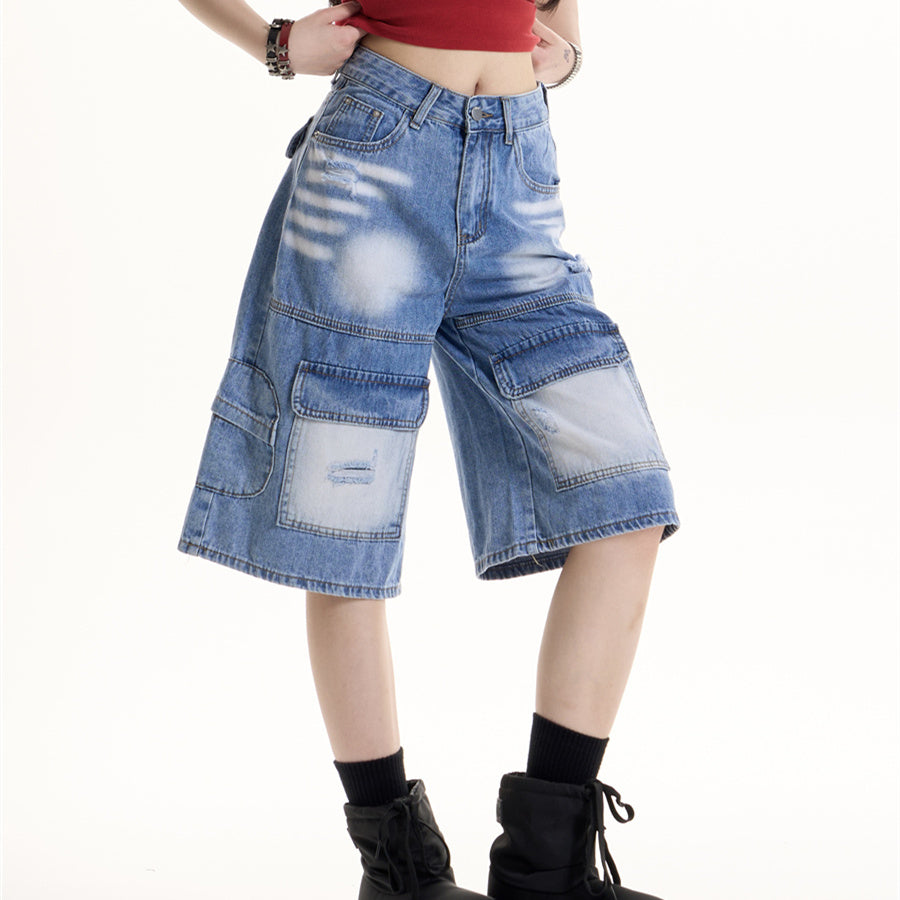 Women's Retro Hot Girl Ripped Design Denim Middle Pants