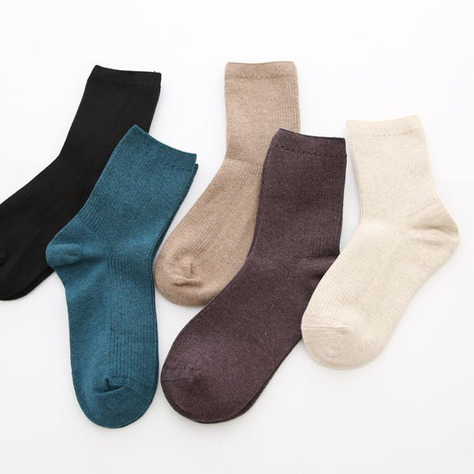 Japanese Retro Solid Color Double Needle Women's Mid-tube Cotton Socks