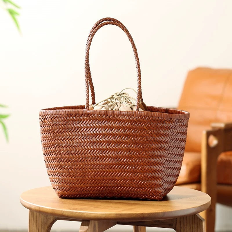 Women's Vintage Leather Shoulder Basket Bag