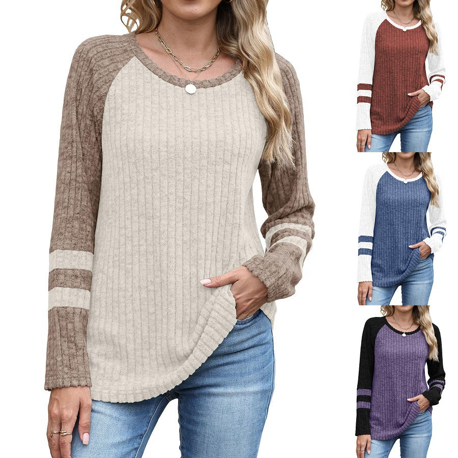 Europæisk og amerikansk mode langærmet sweater med kontrastfarve rund hals top