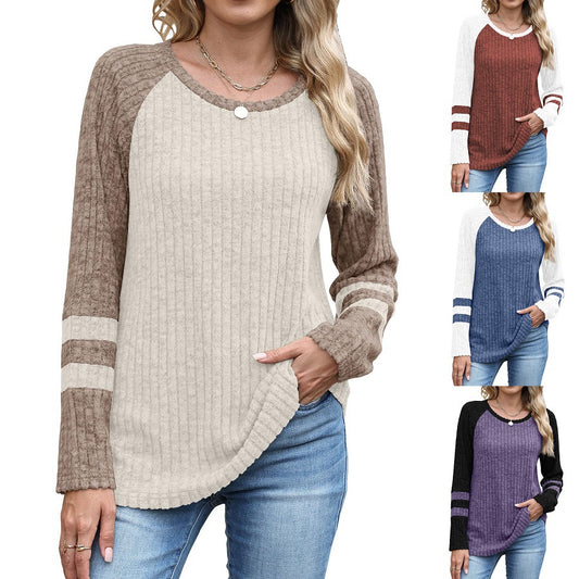Europæisk og amerikansk mode langærmet sweater med kontrastfarve rund hals top