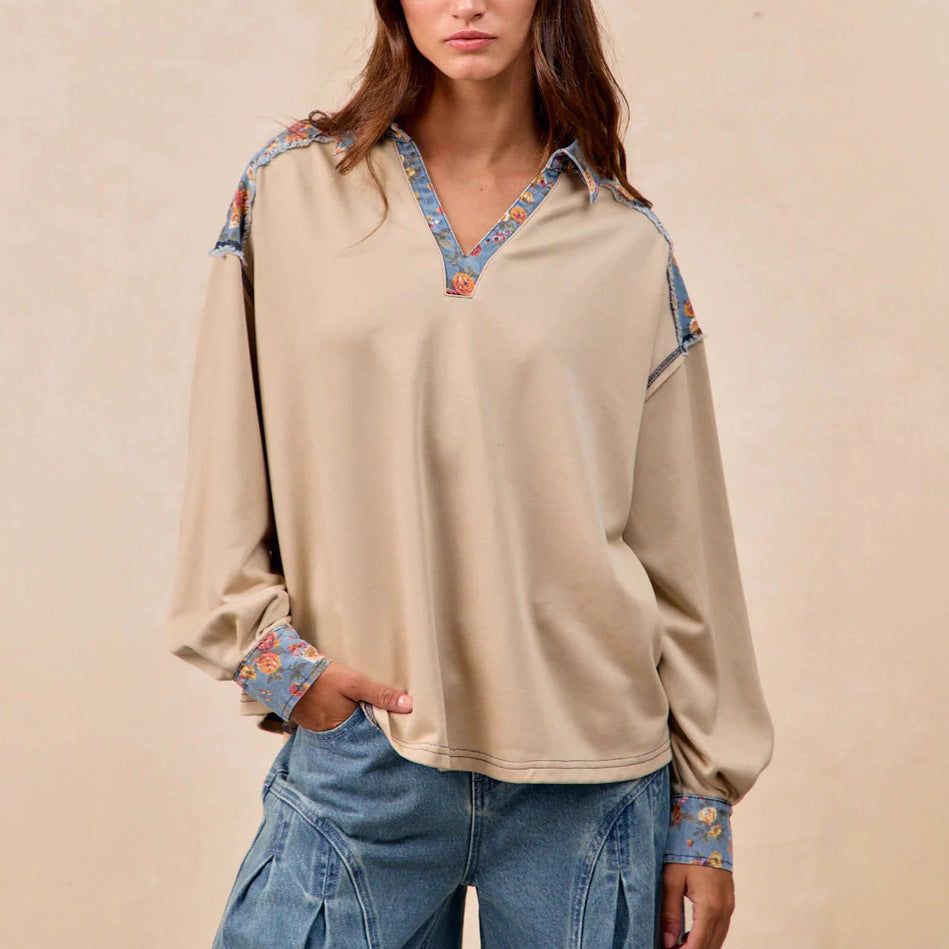 French Casual Loose Lapel Patchwork Fabric Women's Hoodie