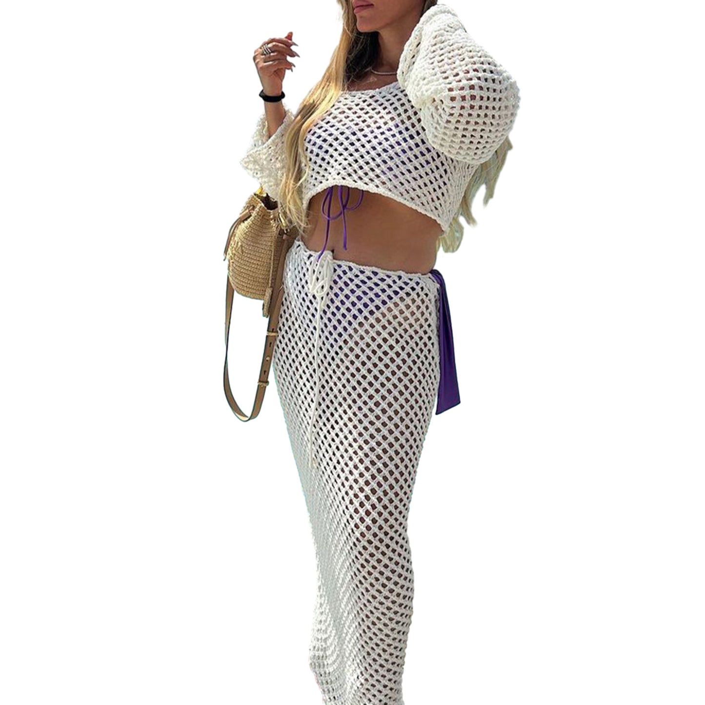 Womens Cropped Long-Sleeve Knitted Top And Skirt Set