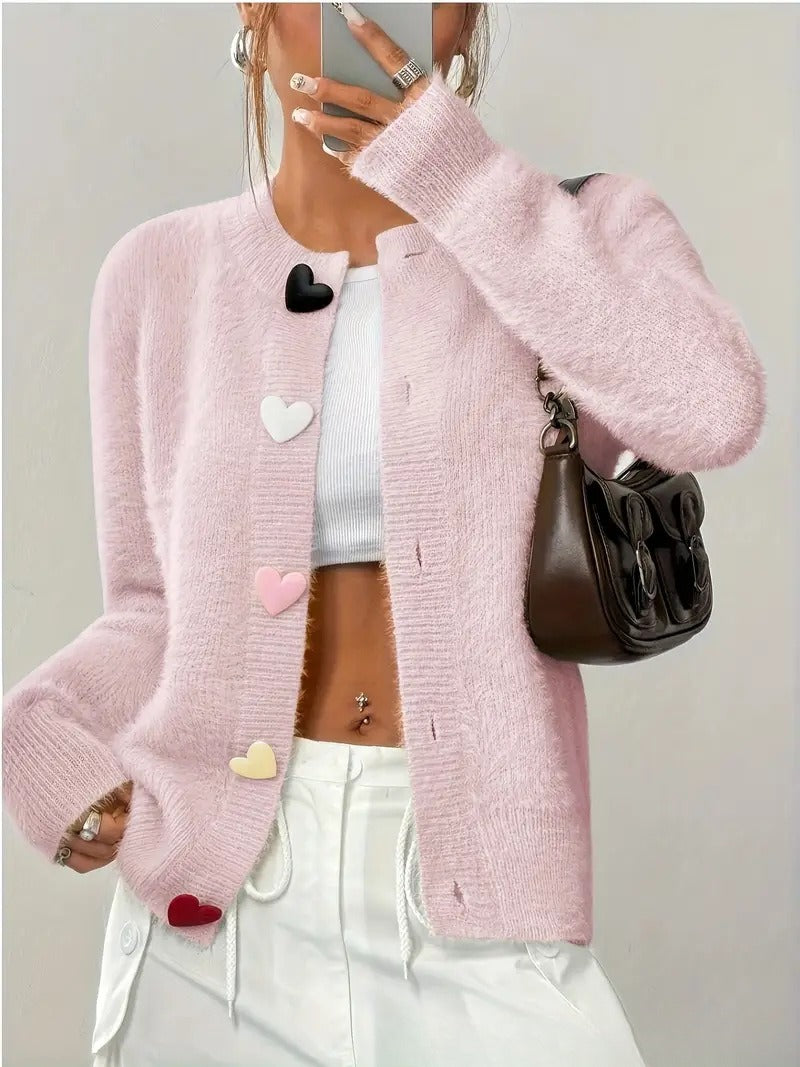 Crew Neck Casual Color Heart-shaped Button Sweater