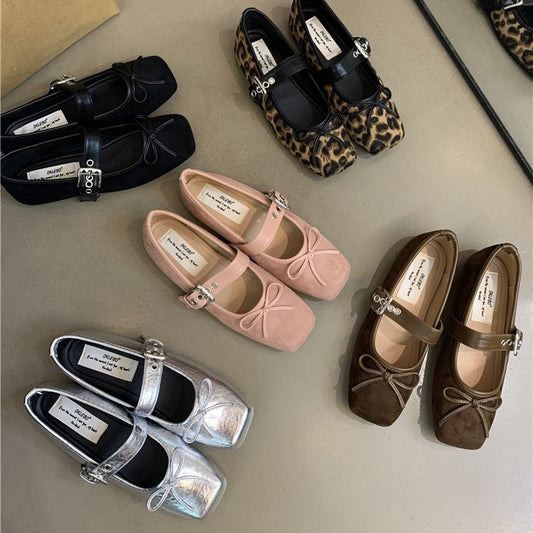 Flat Bow Ballet Silver Belt Buckle Shoes