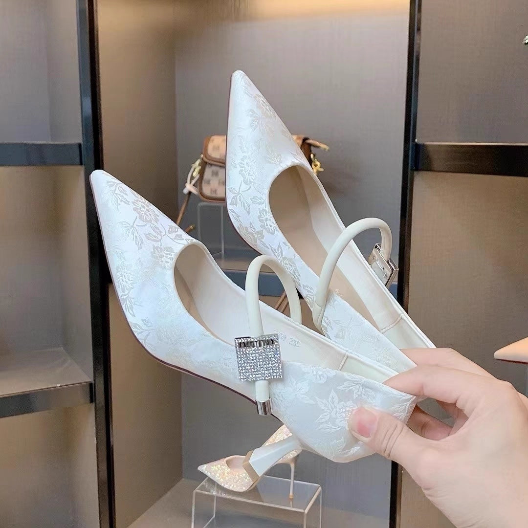 Pointed Toe Chinese Style Embroidery Low-cut High Heels Women's Stiletto Heel