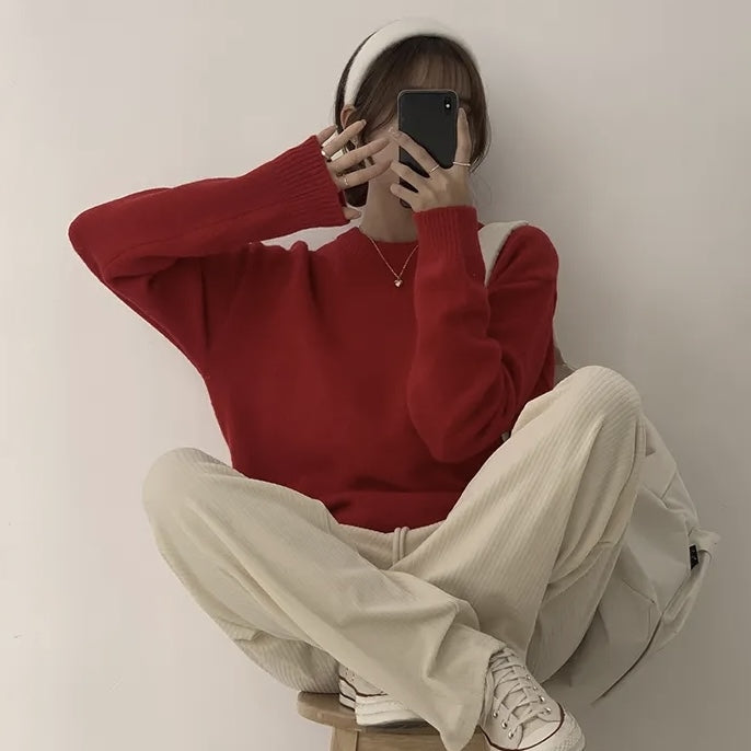 Red Sweater Round Neck Pullover Pure Color Minimal Versatile Sweater