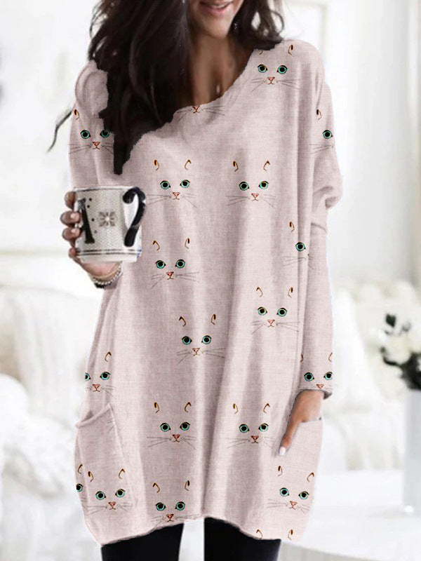 Printed Round Neck Long Sleeve Women's Bag Hip Dress