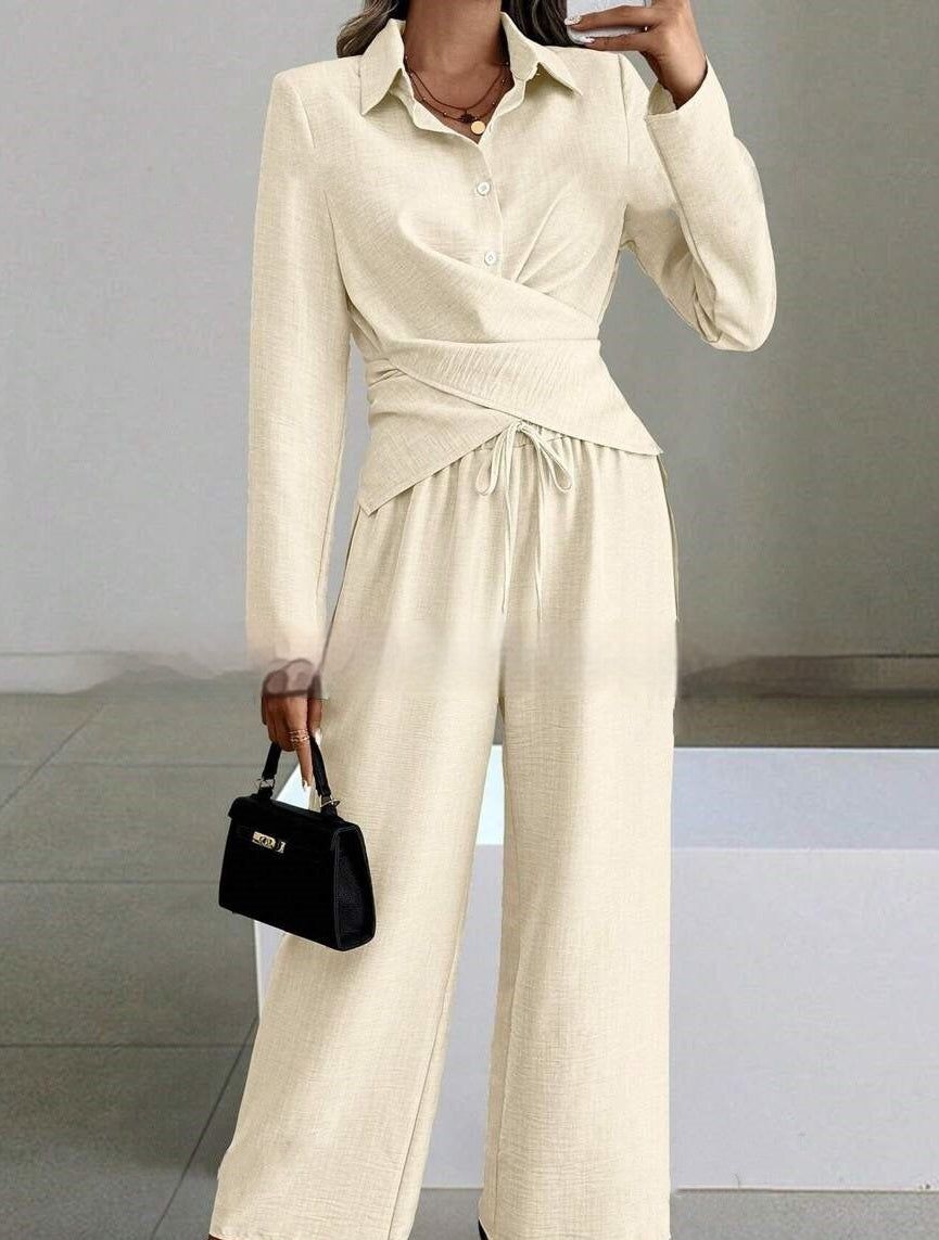 Women's Elegant Shirt Top And Wide-Leg Pants Two-Piece Set