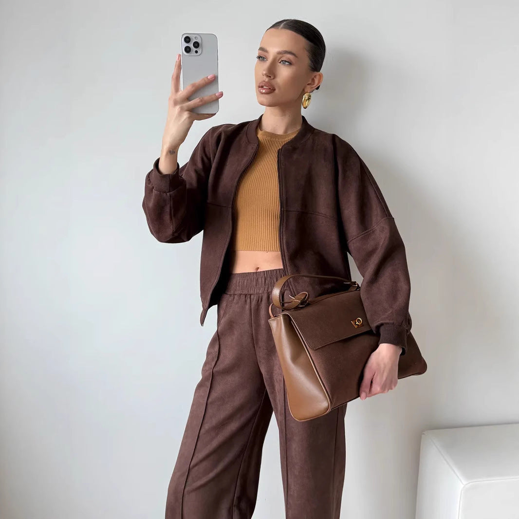 Solid-color Zip-up Cardigan Womens Hoodie Set