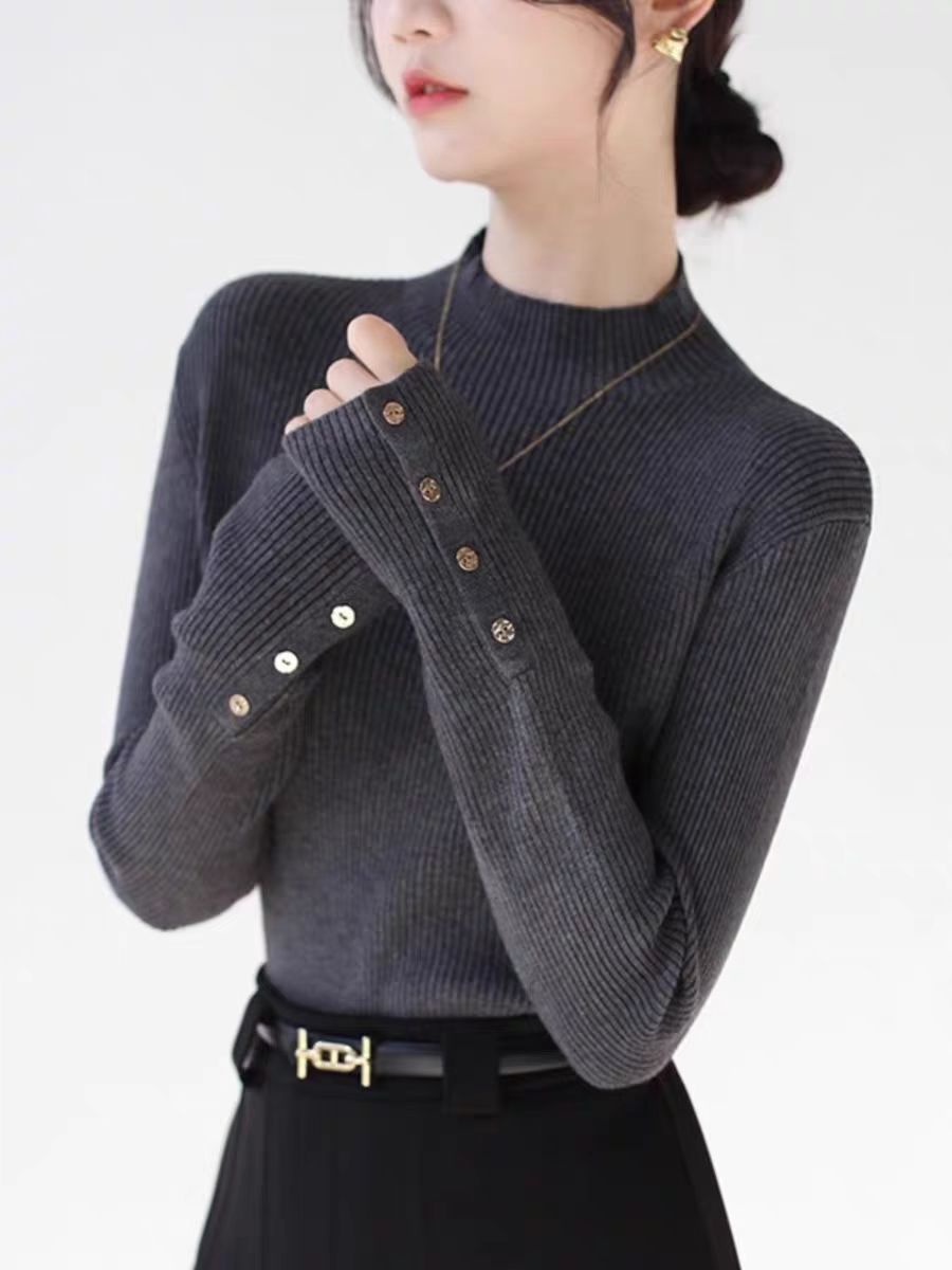 Grey Temperament Semi-high Neck Knitted Women's Autumn Base Shirt