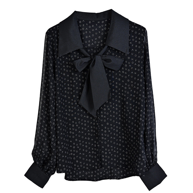 Bow Chiffon Shirt Letter Printed Loose Top